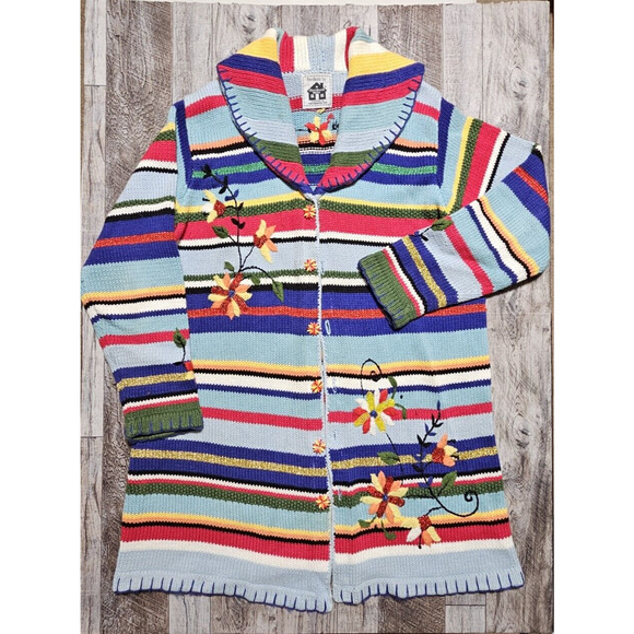 Storybook Knits VTG Cardigan Sweater Floral Beaded Embroidered Handmade Size L - Picture 6 of 14